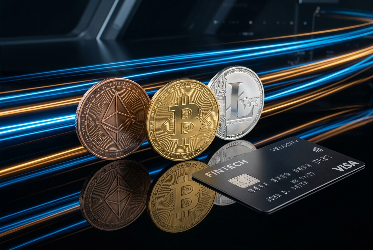 Conceptual image of rapid digital financial transactions using crypto and e-wallets.