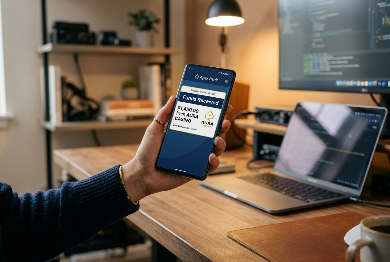 Modern smartphone displaying a successful fast payout notification from an online casino.